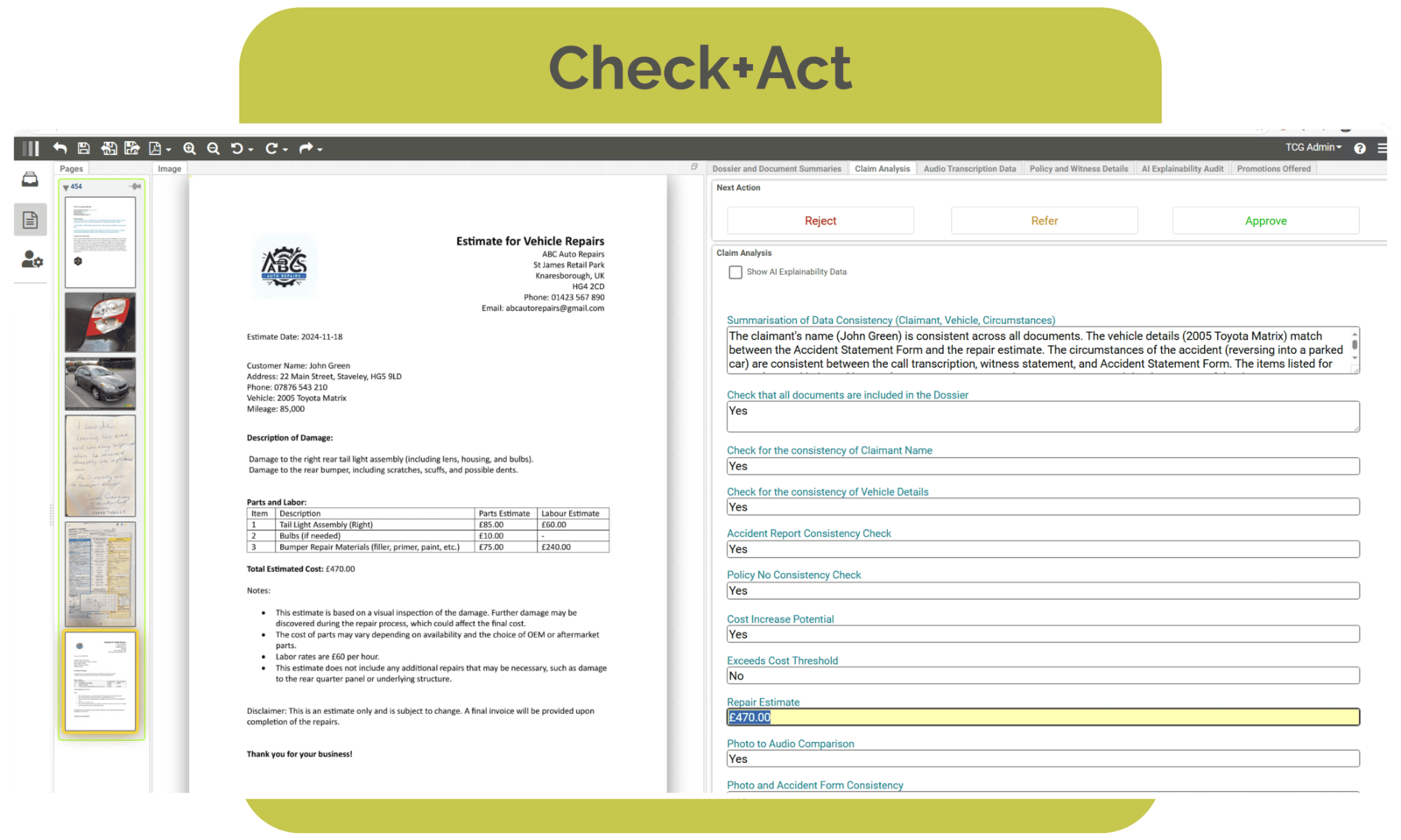 Check+Act insurance workspace example with vehicle repair estimate, AI consistency checks, and approval, refer to and reject actions.