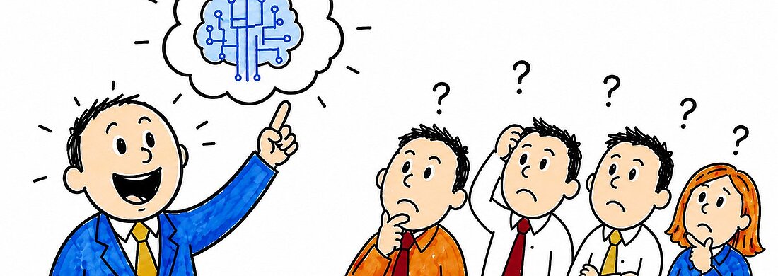 Illustration contrasting enthusiasm for AI with the operational questions needed to put it into practice.